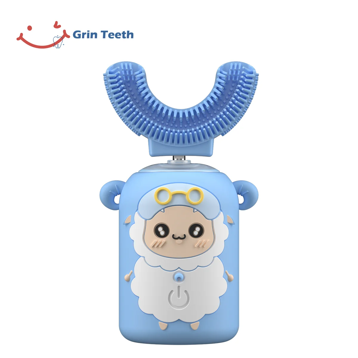 Front view of blue automatic toothbrush for kids with cute sheep design and U-shaped brush head