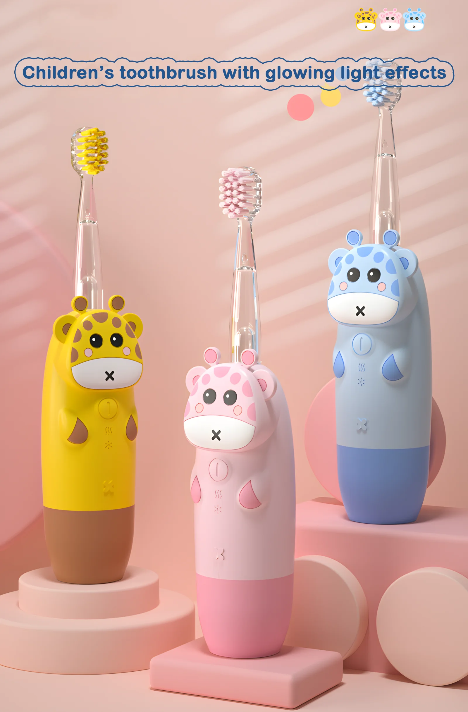 Cartoon Giraffe Electric Toothbrush for Kids Ages 3–8 – ET 8 Grin Teeth ET 8 cartoon giraffe electric toothbrushes for kids ages 3–8 in yellow, pink, and blue colors with light-up effect