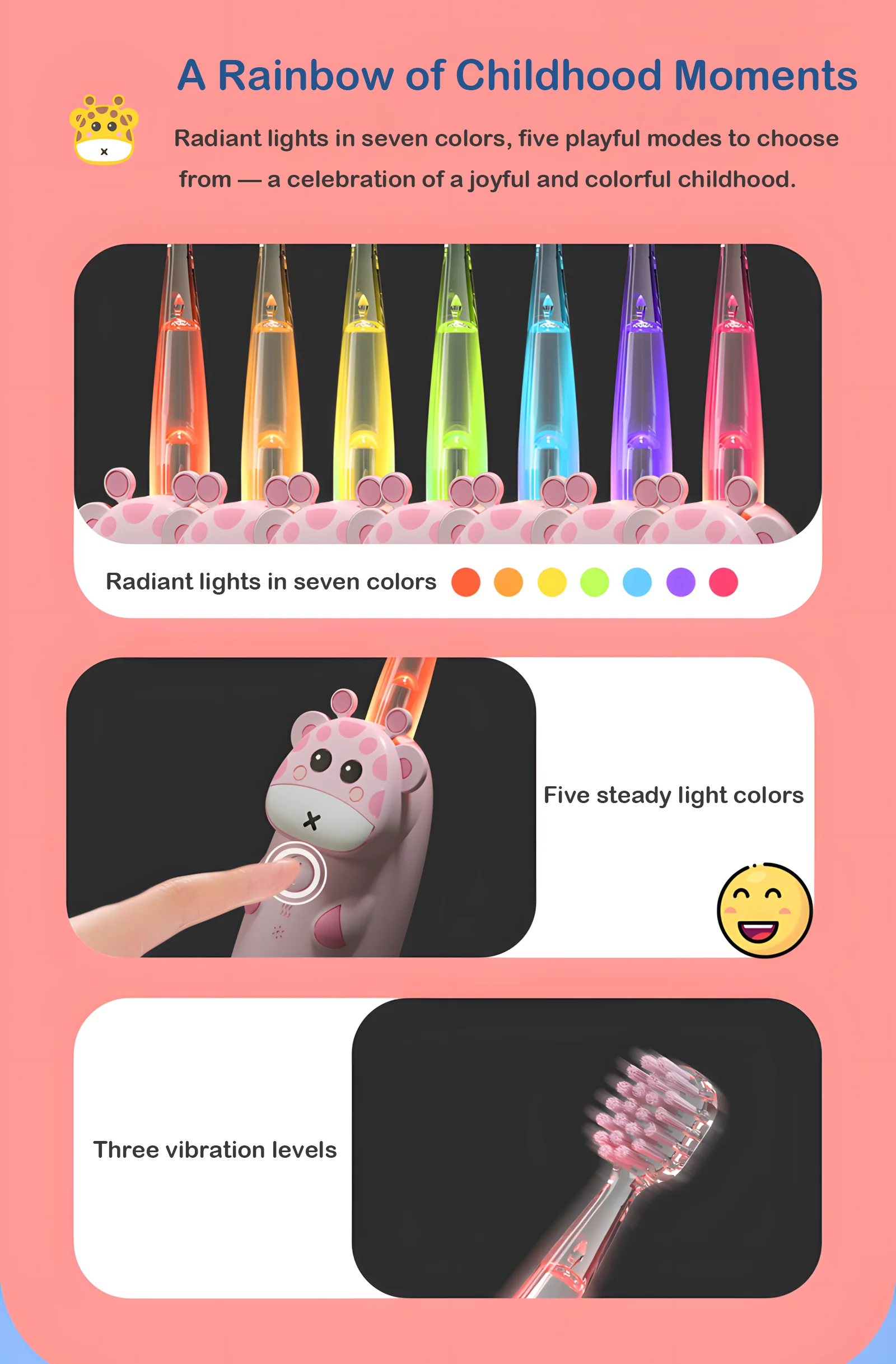 Cartoon Giraffe Electric Toothbrush for Kids Ages 3–8 – LED Modes Grin Teeth ET 8 cartoon giraffe toothbrush with 7 LED colors, 5 modes, 3 vibration levels – for kids ages 3 to 8