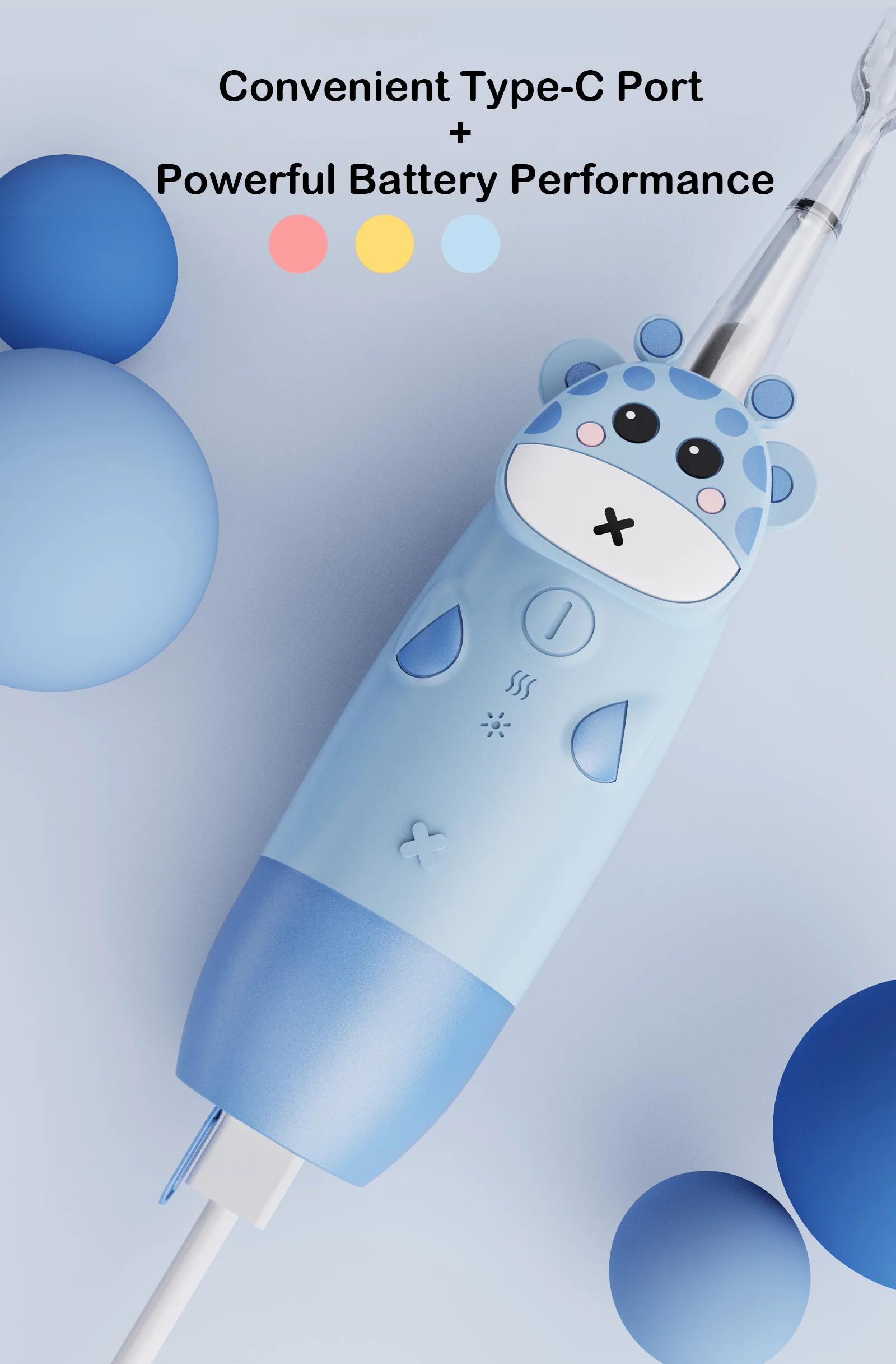 Cartoon Giraffe Electric Toothbrush for Kids Ages 3–8 – Type C Blue cartoon giraffe electric toothbrush with Type-C charging port and long battery life, designed for kids ages 3–8