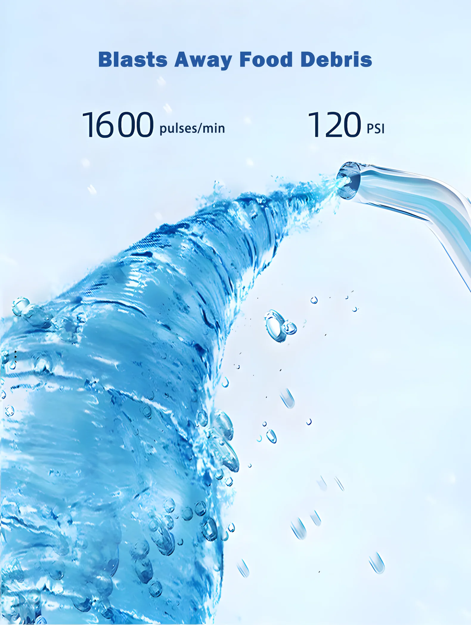 Cordless Portable Dental Flosser – 120PSI Jet Cleaning Power Cordless portable dental flosser blasting food debris with 120 PSI water pressure