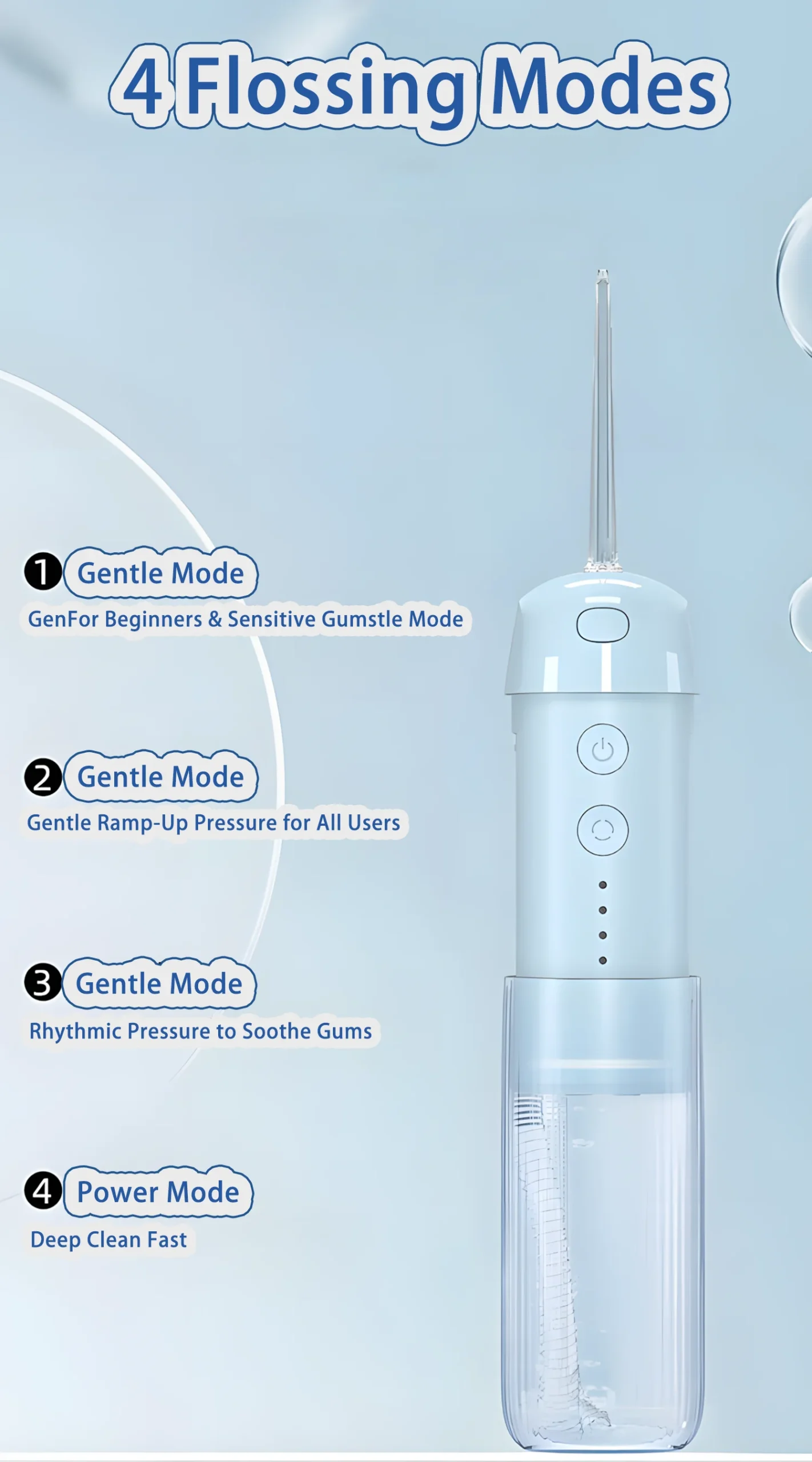 Cordless Portable Dental Flosser – 4 Cleaning Modes Display scaled Cordless portable dental flosser with 4 flossing modes for gentle and deep cleaning