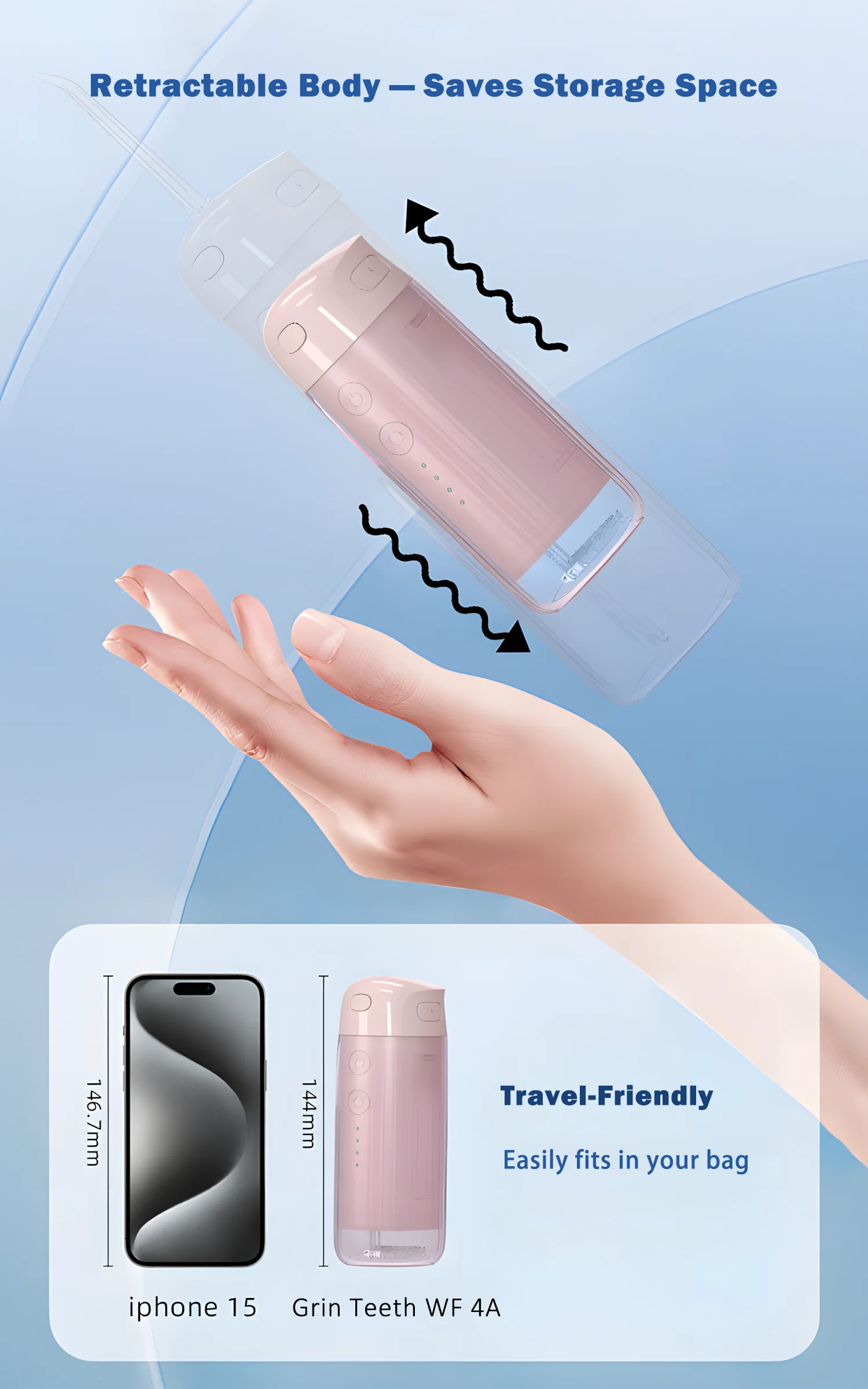 Cordless Portable Dental Flosser – Compact Travel Size Cordless portable dental flosser with retractable design and compact size for travel