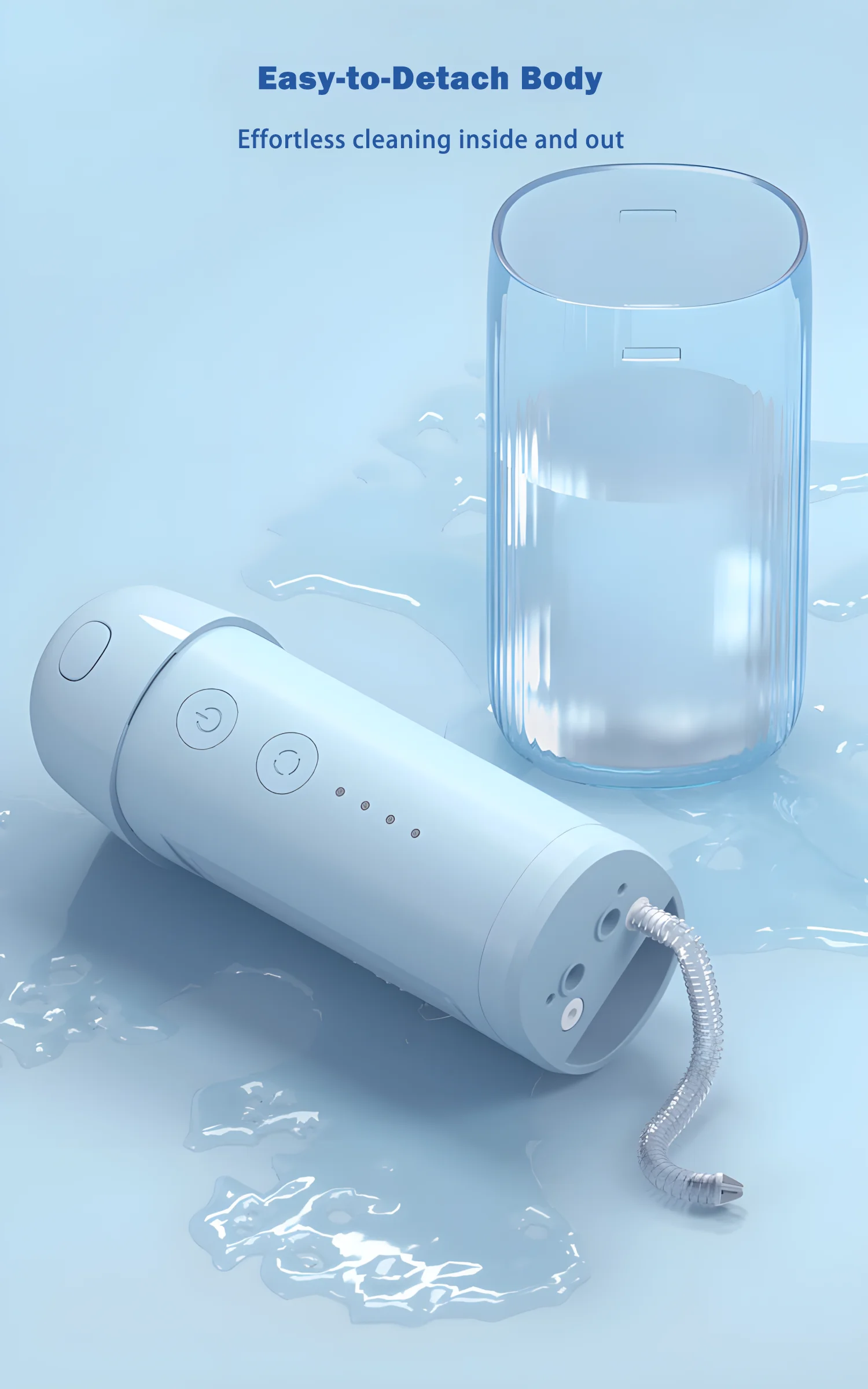 Cordless Portable Dental Flosser – Easy to Detach Design Cordless portable dental flosser with detachable water tank for easy cleaning