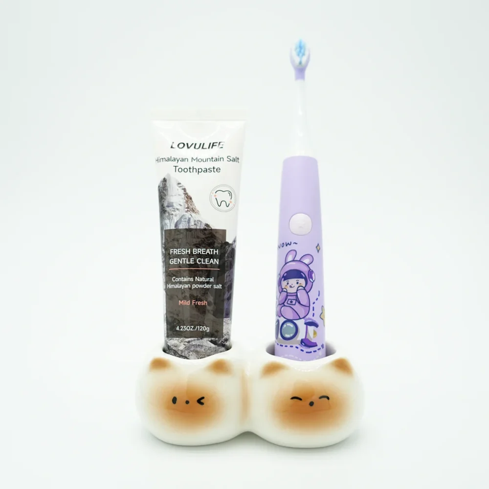 Cute toothbrush holder with 2 slots holding electric toothbrush and toothpaste