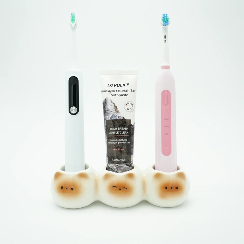 Cute toothbrush holder with 3 slots holding electric brushes and toothpaste