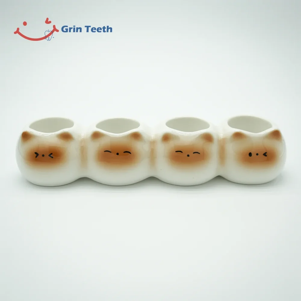Ceramic cute toothbrush holder with 4 slots and cat faces