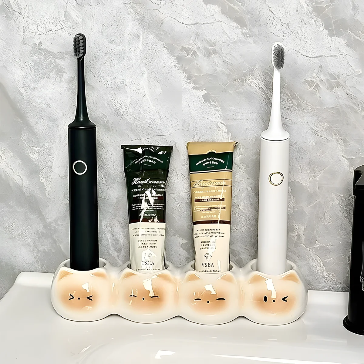 Cute Toothbrush Holder – Grin Teeth H 3A for Brushes and Toothpaste Cute ceramic toothbrush holder with 4 slots storing 2 electric brushes and 2 toothpaste tubes