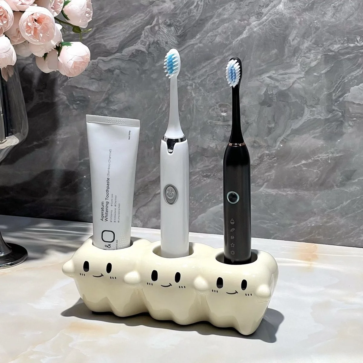 Electric Toothbrush Holder with 3 Slots for Clean Countertops Electric Toothbrush Holder with 3 Slots storing brushes and paste