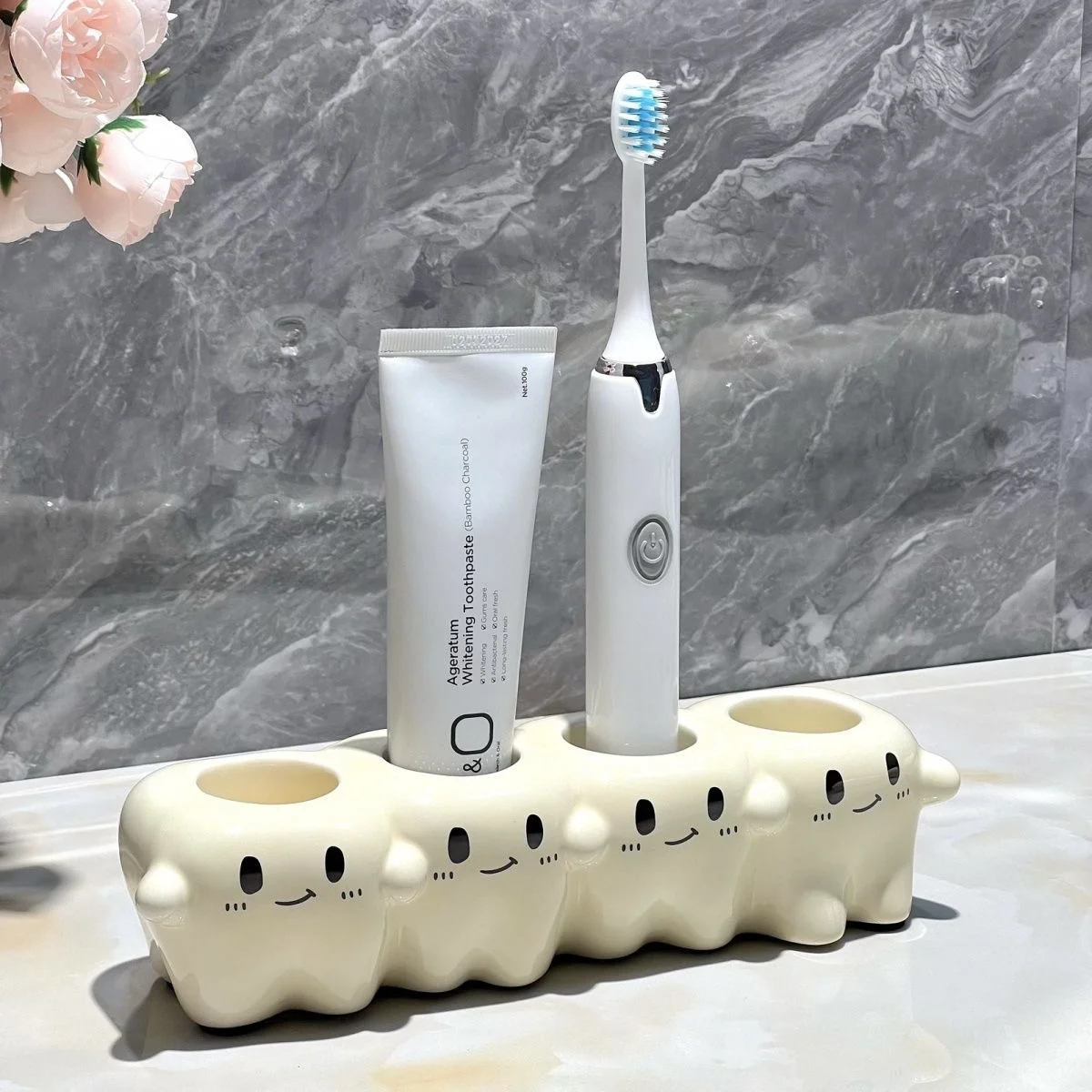 Electric Toothbrush Holder with 4 Slots for Tidy Bathroom Electric Toothbrush Holder with 4 Slots holding brush and paste