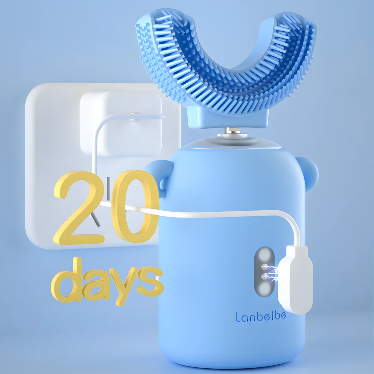 Blue kids automatic toothbrush with U-shaped brush using magnetic charging, showing 20-day battery life on light blue background