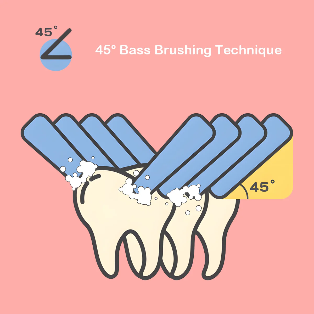 Illustration of 45-degree Bass brushing technique cleaning teeth effectively, showing correct angle for kids automatic toothbrush use