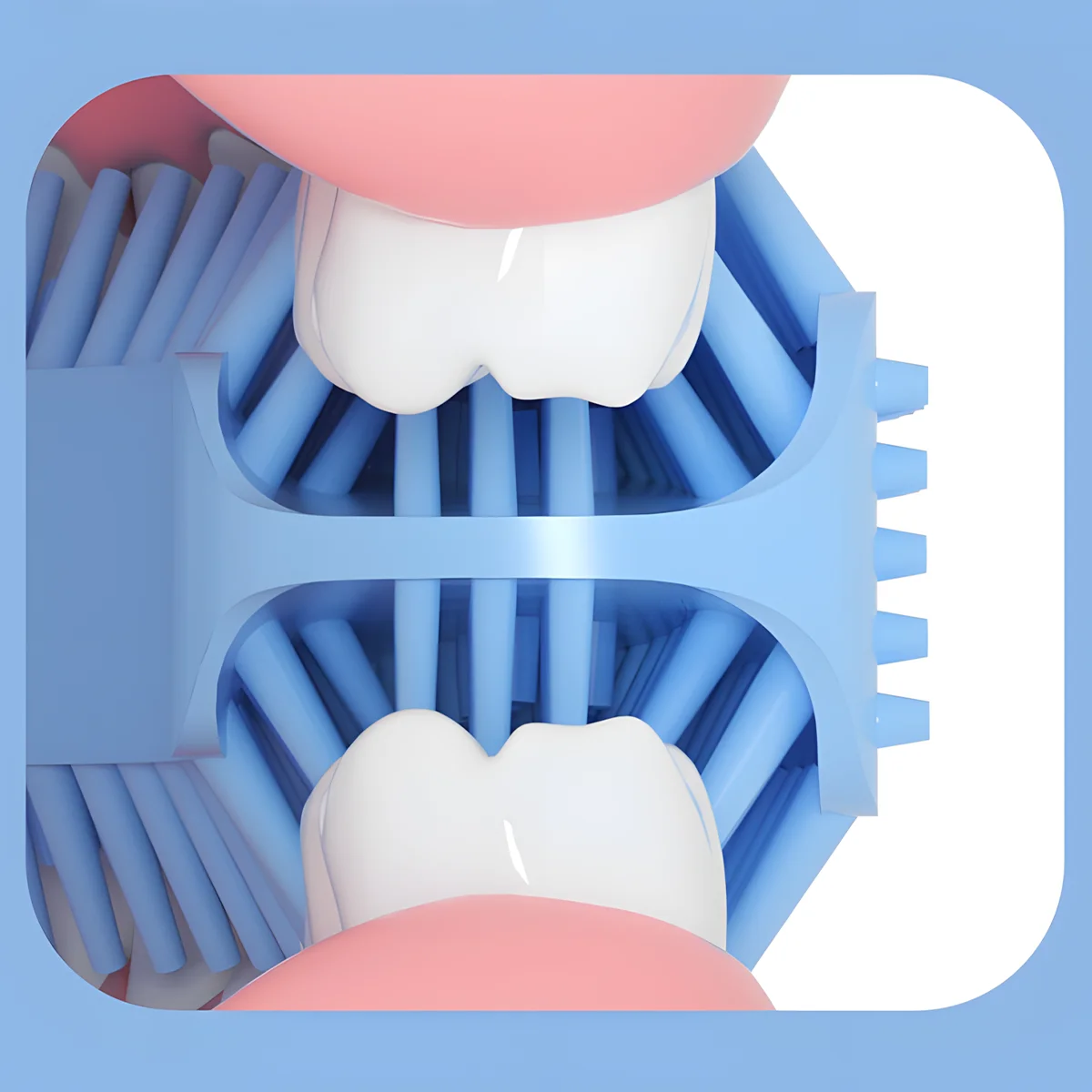 Close-up of silicone U-shaped brush head wrapping around kids’ teeth for 360° cleaning with kids automatic toothbrush