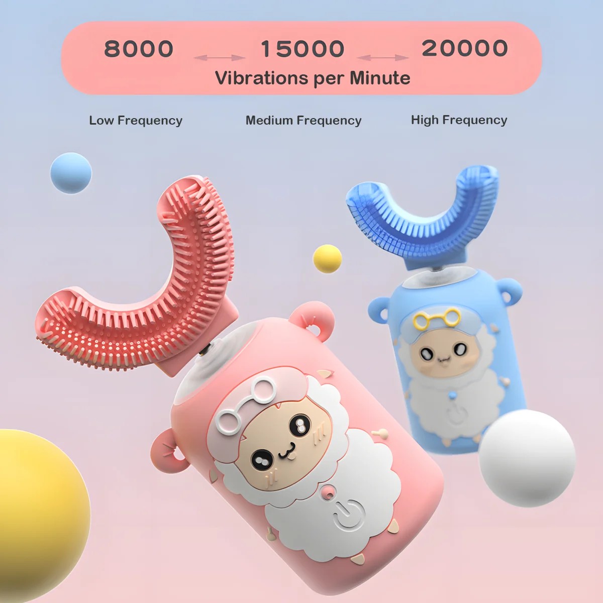 Pink and blue kids automatic toothbrushes showing vibration modes from 8000 to 20000 times per minute with U-shaped brush heads