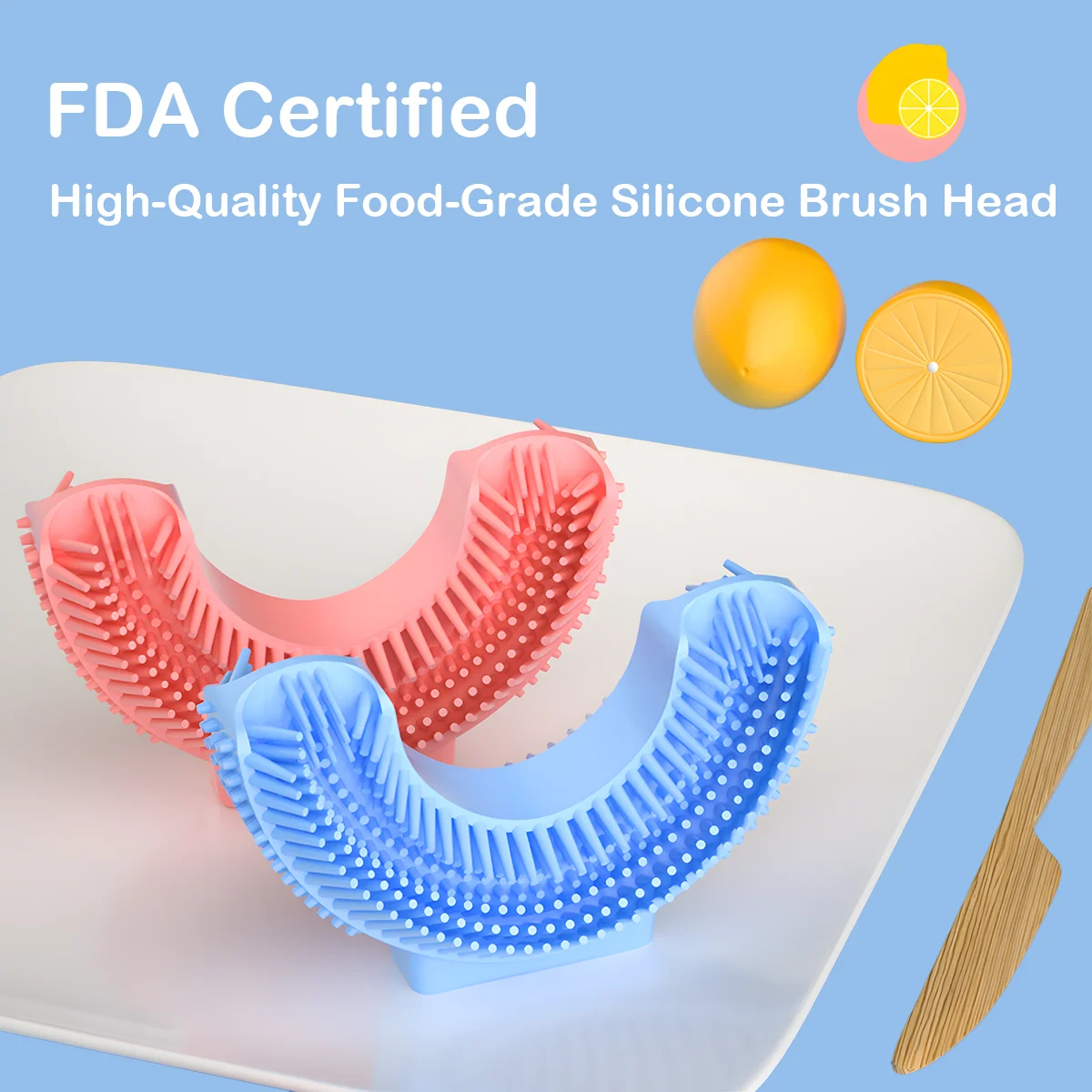 FDA certified U-shaped silicone brush heads in pink and blue for kids automatic toothbrush, made from safe food-grade material