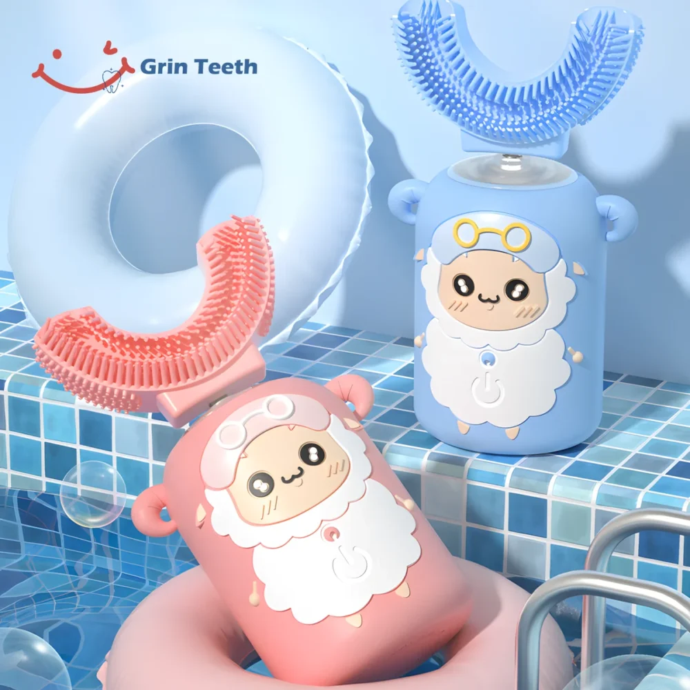 Fun poolside scene of kids automatic toothbrushes in pink and blue sheep design with U-shaped brush heads