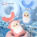 Fun poolside scene of kids automatic toothbrushes in pink and blue sheep design with U-shaped brush heads