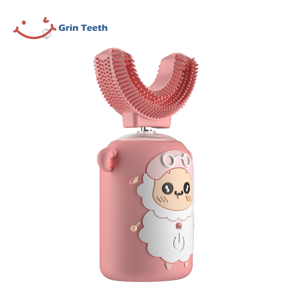 Right-side view of kids automatic toothbrush in pink sheep design with U-shaped brush head
