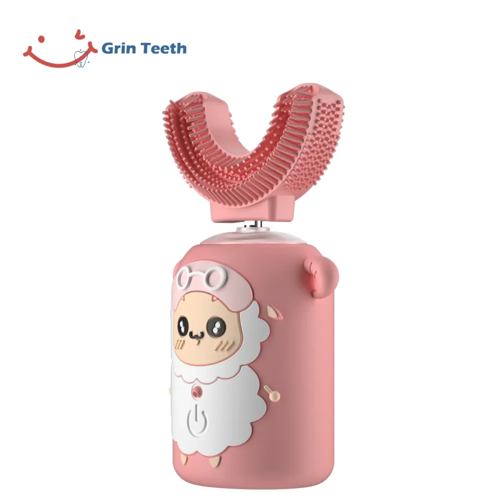 Side view of pink kids automatic toothbrush with U-shaped brush and sheep design