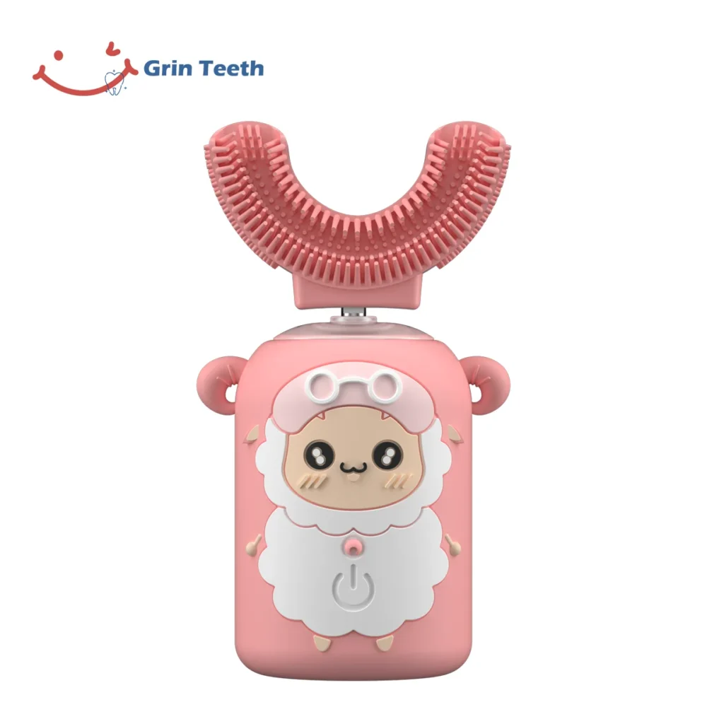 Kids Pink kids automatic toothbrush with cute sheep design and U-shaped brush head