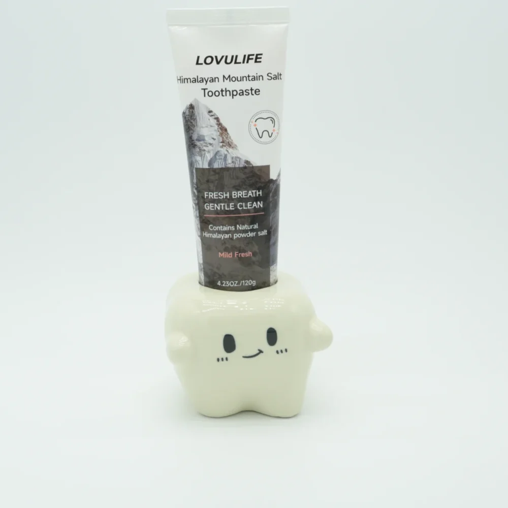 Tooth-shaped ceramic toothbrush holder storing a tube of toothpaste