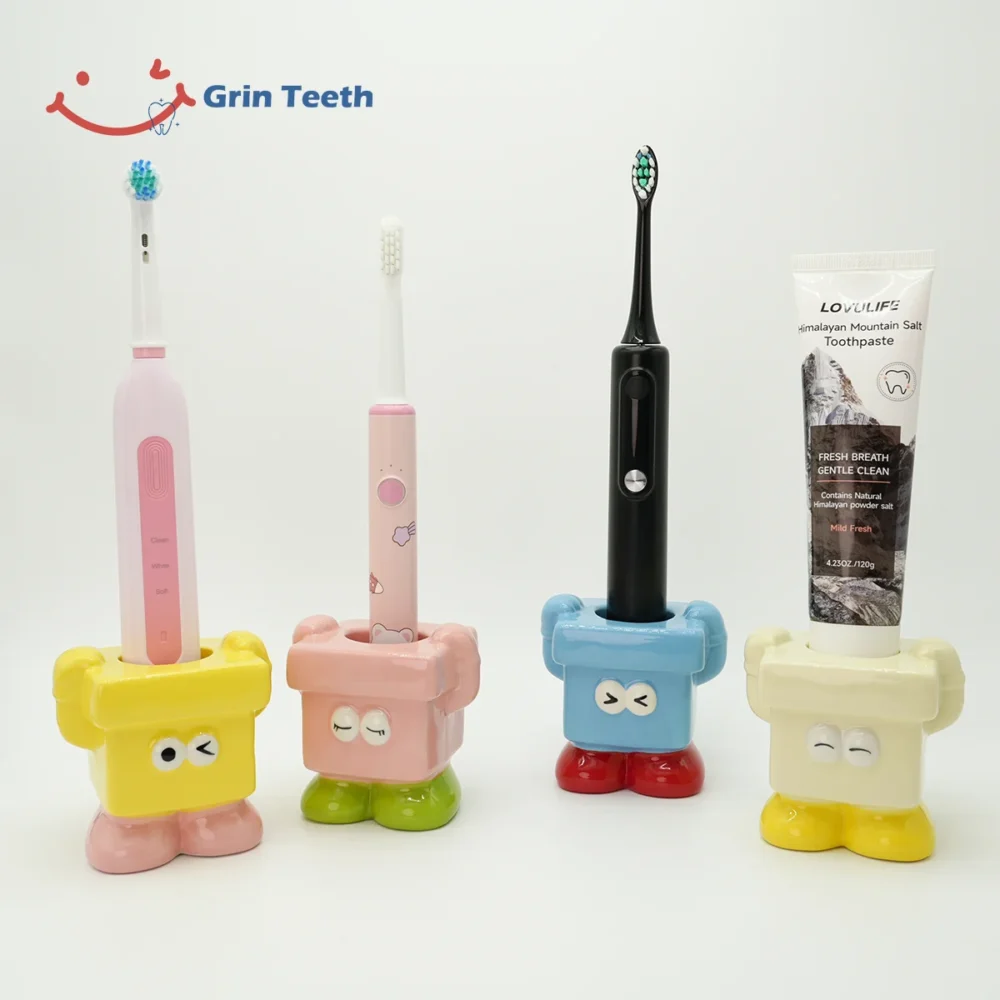 Multi-color children’s toothbrush holders organizing electric toothbrushes and toothpaste for kids’ daily brushing routine.