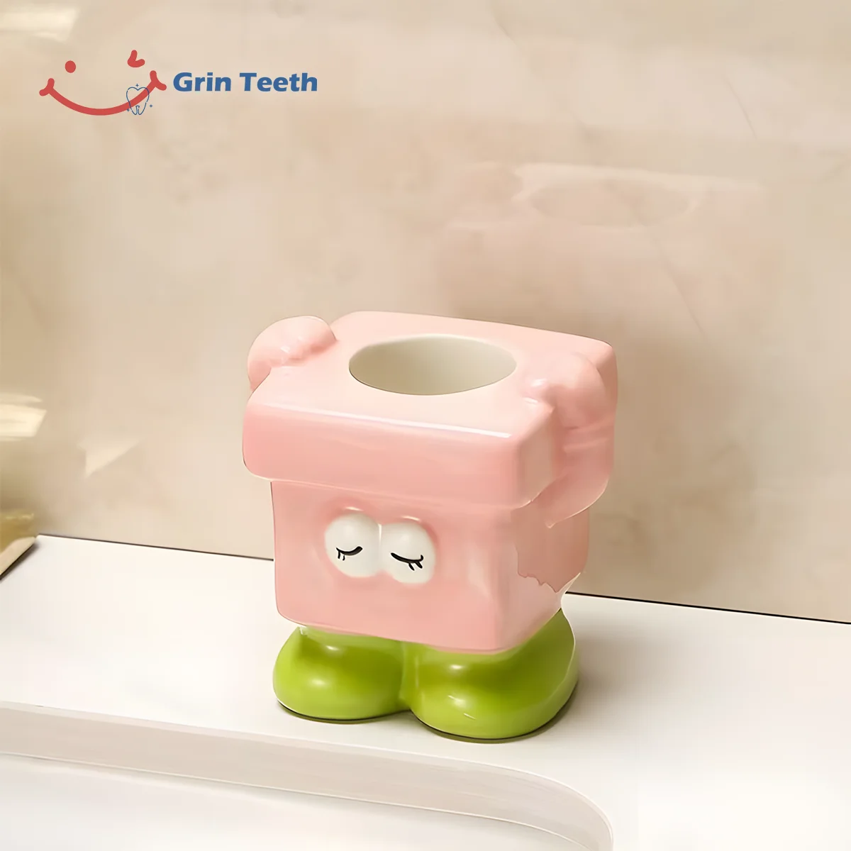Childrens Toothbrush Holder – Pink Sink Side Organizer Pink children’s toothbrush holder placed by the sink for easy daily brushing access.