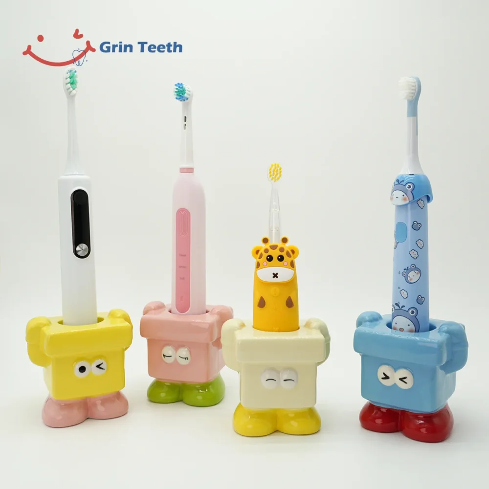 Four colorful child’s toothbrush holders with various electric toothbrushes for playful daily brushing.