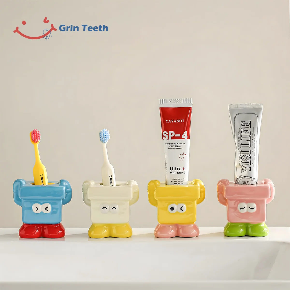 Childs Toothbrush Holder – Organize Brushes Toothpaste Child’s toothbrush holders in multiple colors storing kids’ toothbrushes and toothpaste for a tidy sink space.