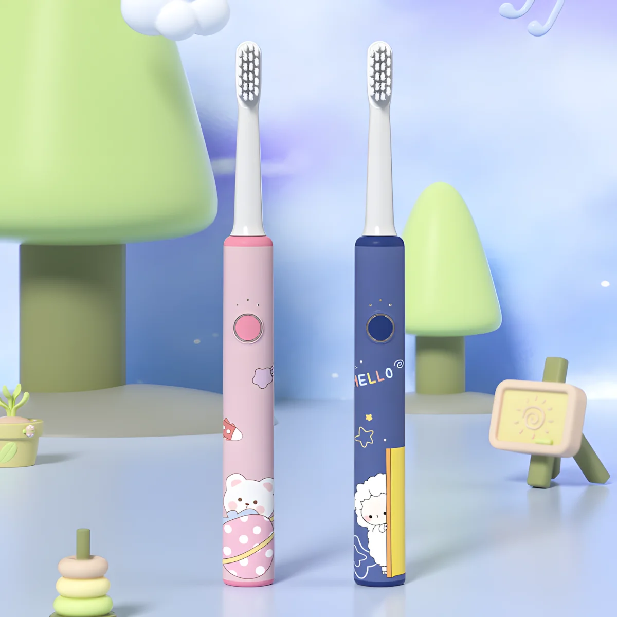 Grin Teeth ET 9 electric toothbrush for teens with braces, featuring pink and blue cartoon designs for boys and girls