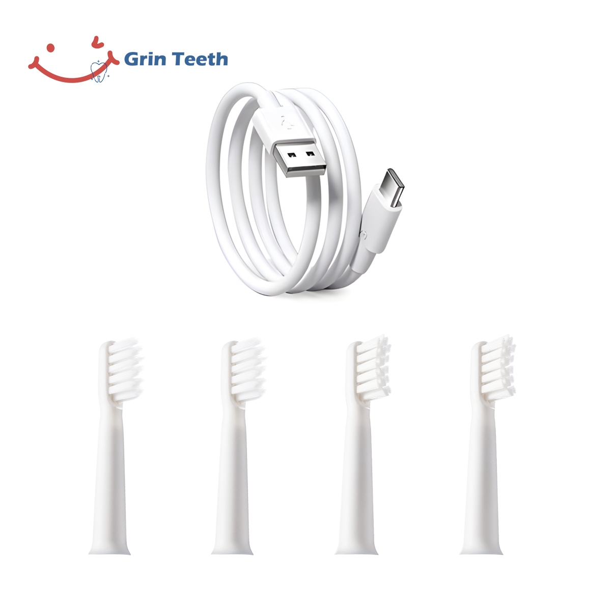 4 replacement brush heads and USB-C charging cable for Grin Teeth ET 9 series electric toothbrushes