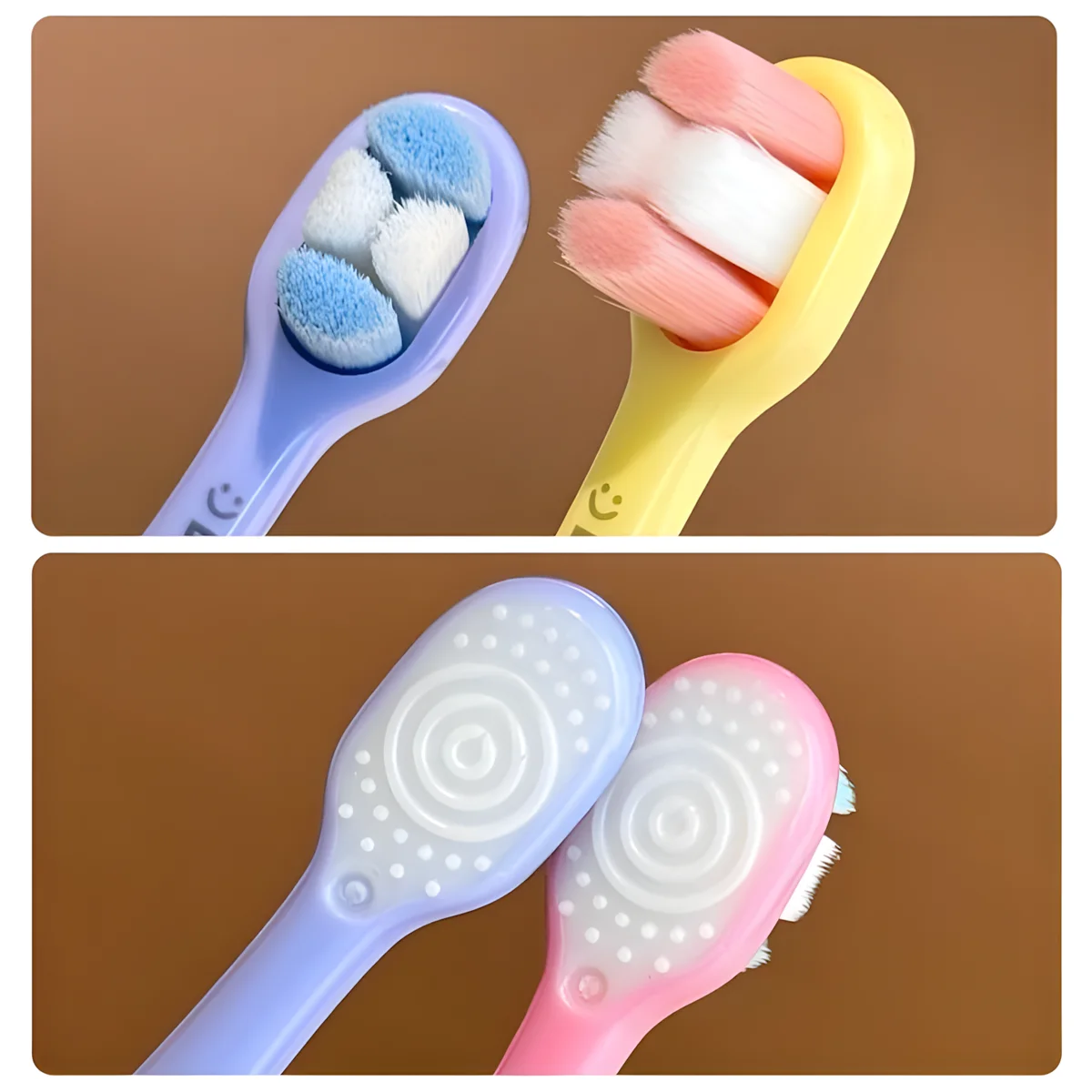 Add to Cart Donut Toddler Toothbrush KT 3 Head Detail Close-up of KT 3 donut toddler toothbrush heads—soft micro bristles front, spiral tongue-cleaner back; multi-color, BPA-free