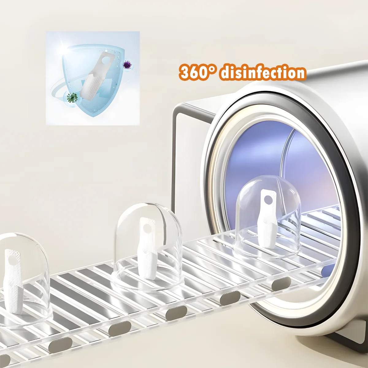 Production line showing Grin Teeth K 1 baby dental wipes under 360° disinfection domes—sanitary process, safe, hygienic and eco-friendly.