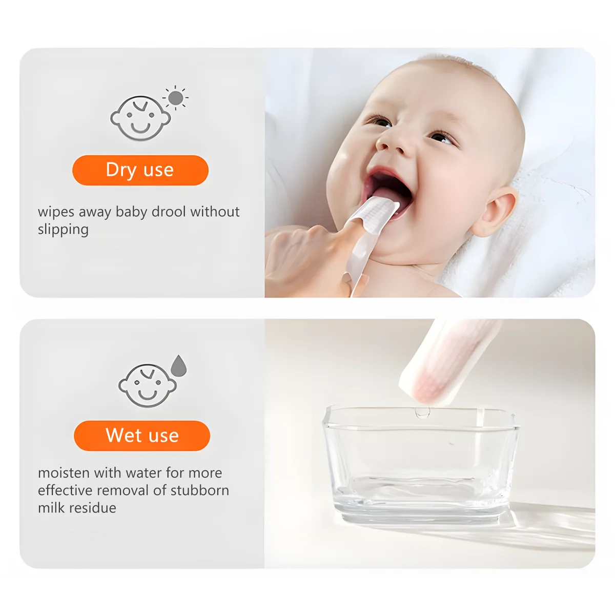 Two-panel image: caregiver cleans baby’s mouth with Grin Teeth K 1 baby dental wipes—dry use for drool, wet use for stubborn milk residue; safe, hygienic, eco-friendly.