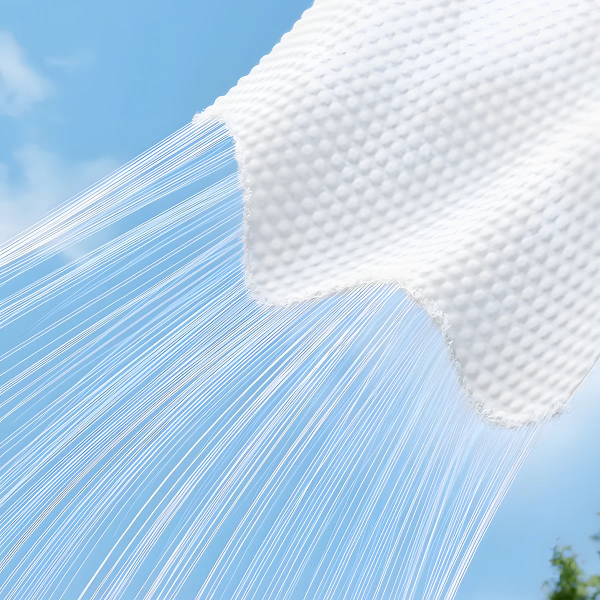 Close-up of Grin Teeth K 1 baby dental wipes showing high-tensile, low-lint nonwoven fibers against the sky; safe, hygienic and eco-friendly.