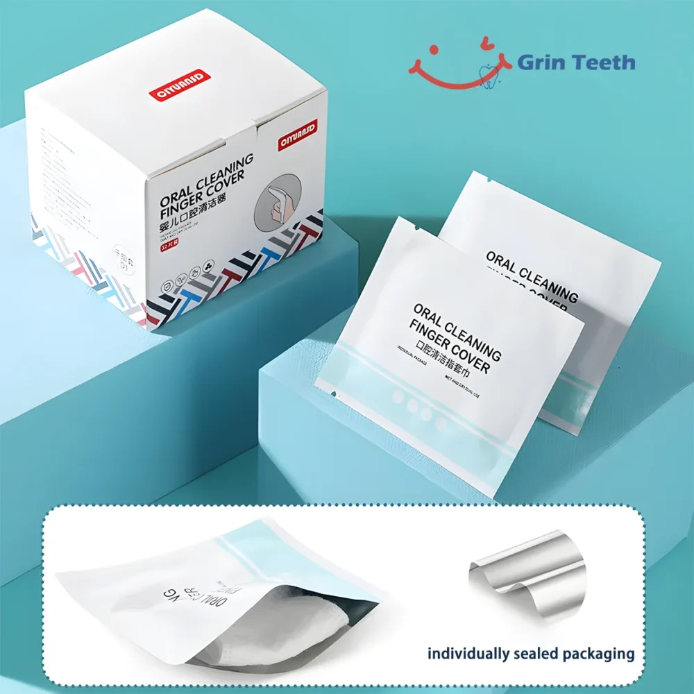 Grin Teeth K 1 baby dental wipes in individually sealed packs—safe, hygienic, eco-friendly wipes for infant gums and tongue.