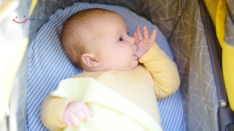 Baby sucking thumb in a yellow onesie, self-soothing before sleep while resting in a stroller.