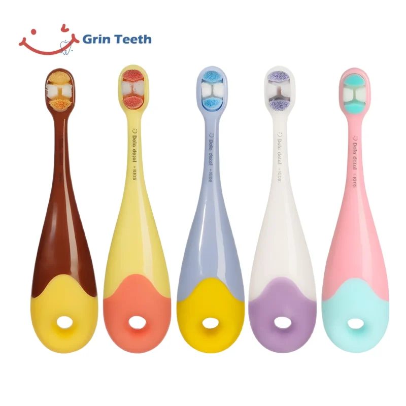 Grin Teeth KT 3 donut toddler toothbrush with ultra-soft bristles, non-toxic materials, and a fun easy-grip donut handle