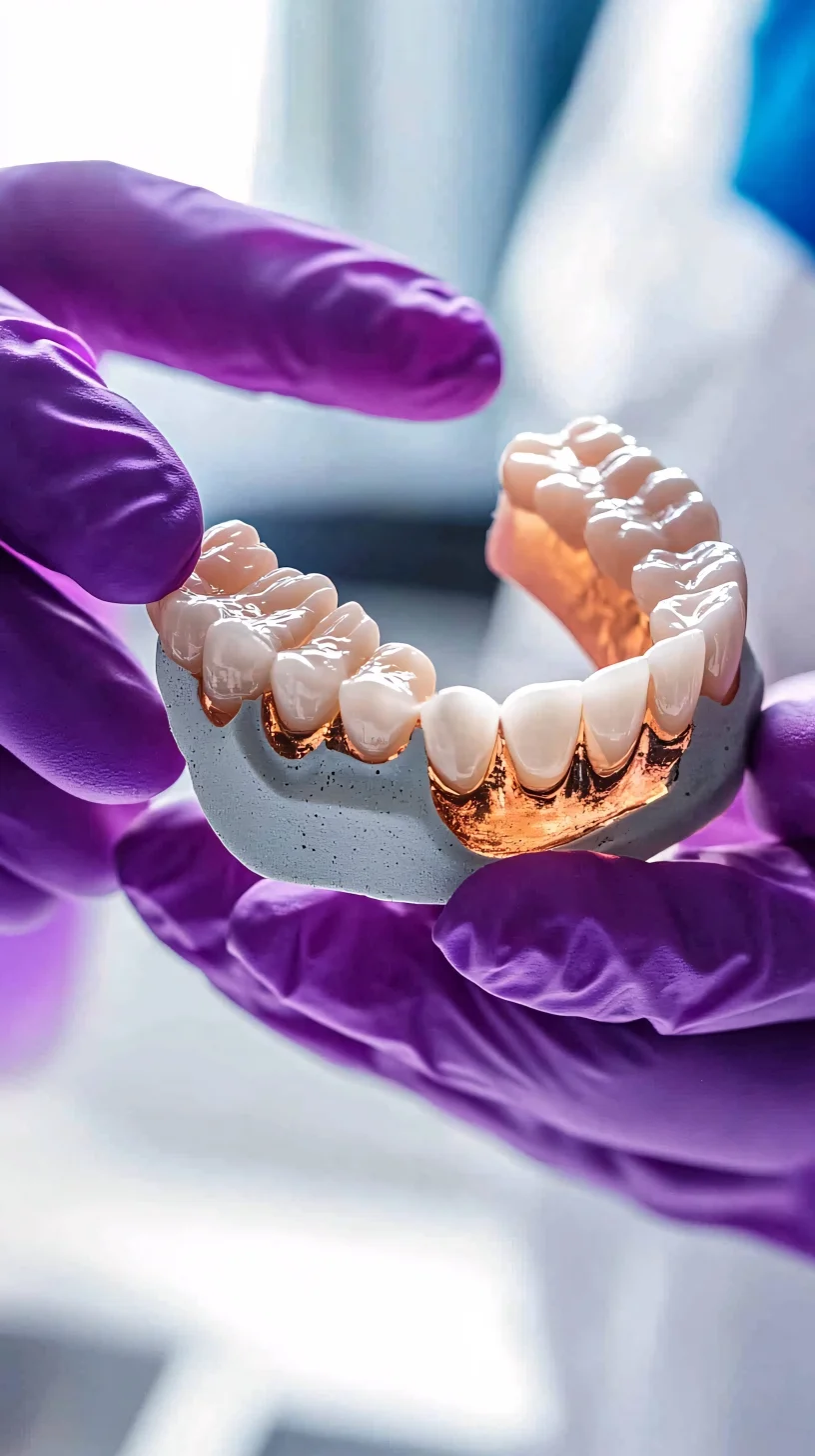 Grin Teeth About Us – Dental Model Lab Precision Grin Teeth About Us image: purple gloves holding a detailed dental model with crowns and gingival contours in a clinical lab.