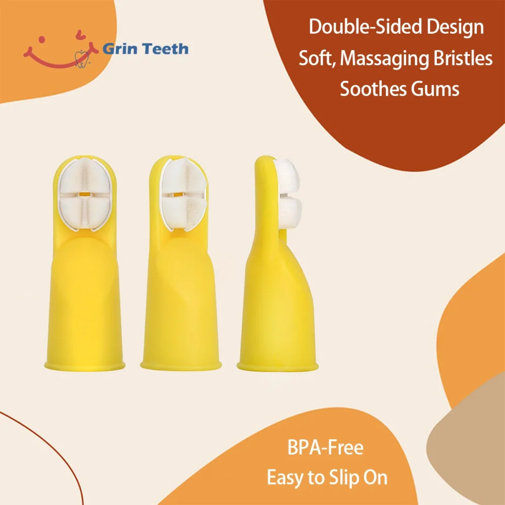 Infant finger toothbrush with double-sided ultra-soft bristles; BPA-free, flexible, massages gums, easy to slip on.