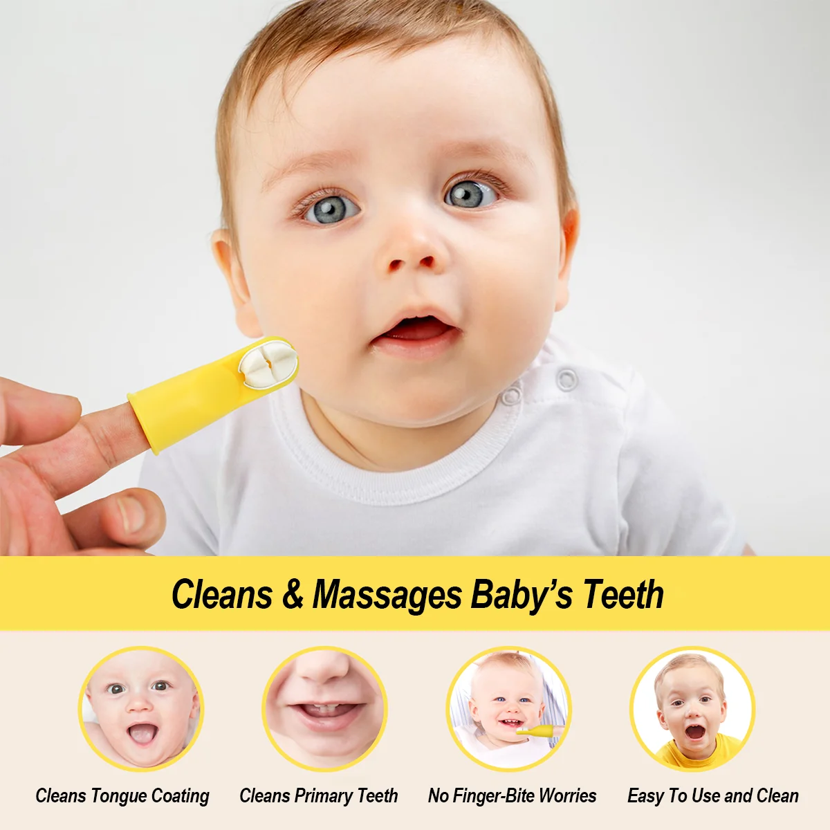 Infant finger toothbrush on caregiver’s finger; baby facing camera. Safe, non-toxic, soft and flexible; cleans tongue coating and first teeth; reduces finger-bite worries.