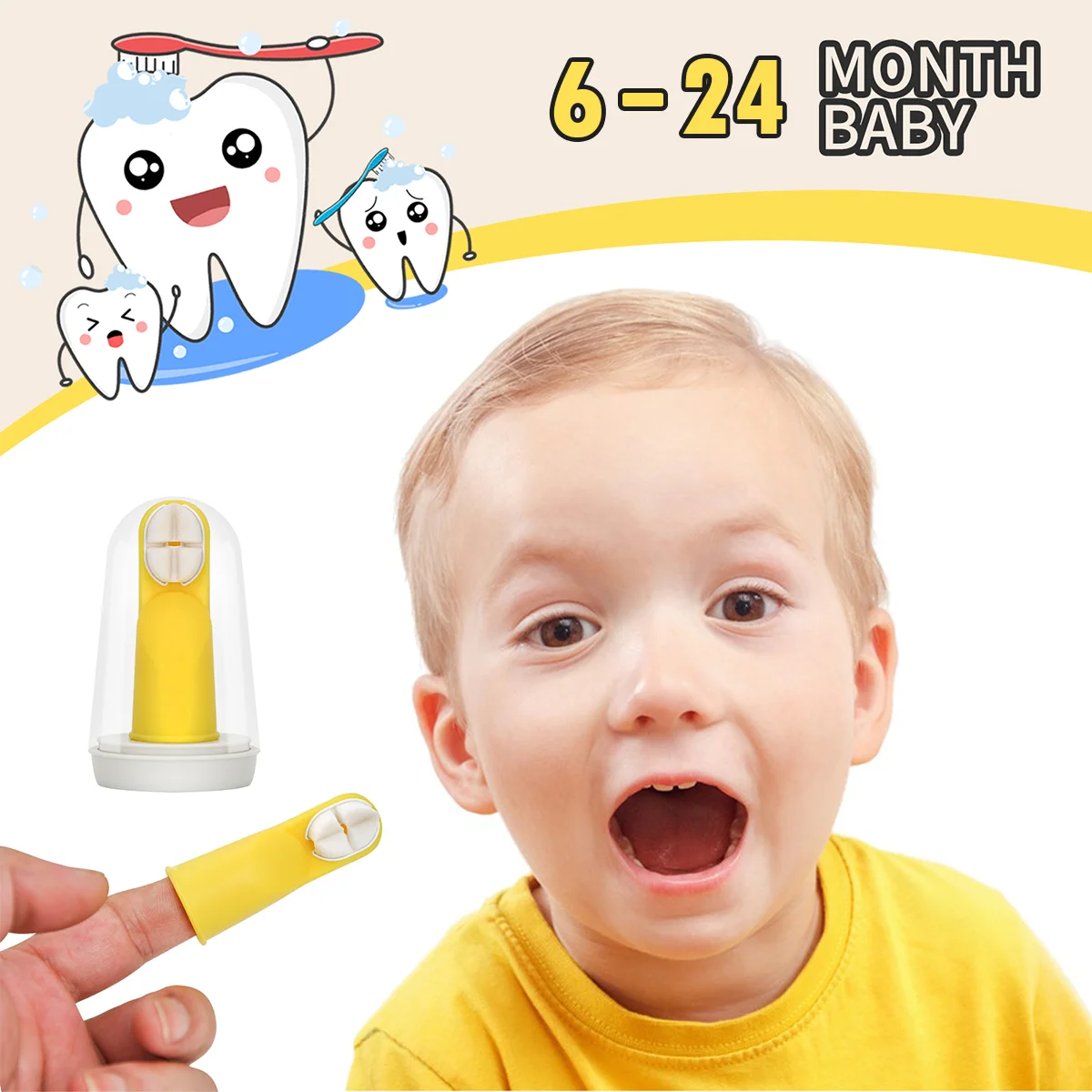 Infant finger toothbrush on a parent’s finger with case; safe, non-toxic, soft and flexible; for babies 6–24 months; gentle gum care.