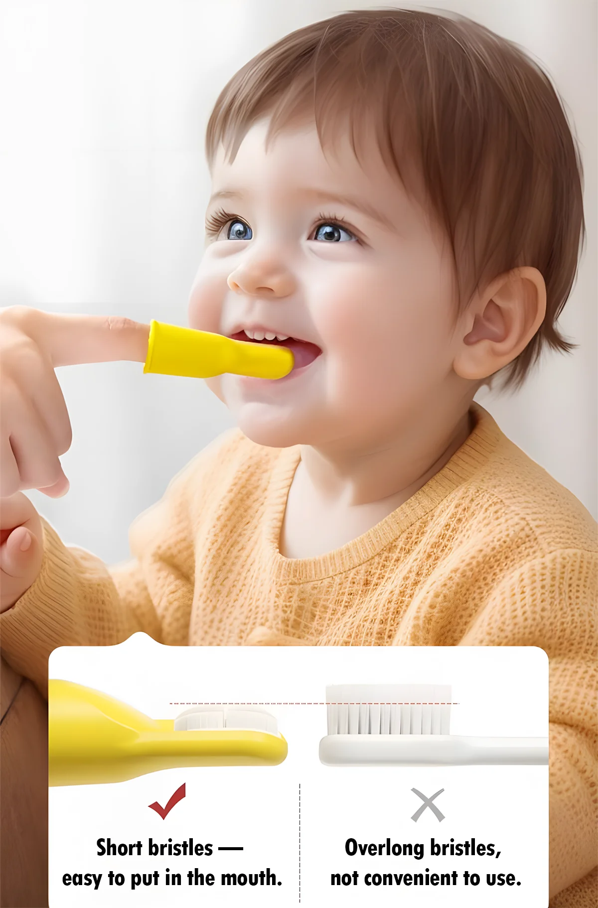 Baby using an infant finger toothbrush with short ultra-soft bristles; safe, non-toxic, flexible design fits tiny mouths and allows gentle gum care.