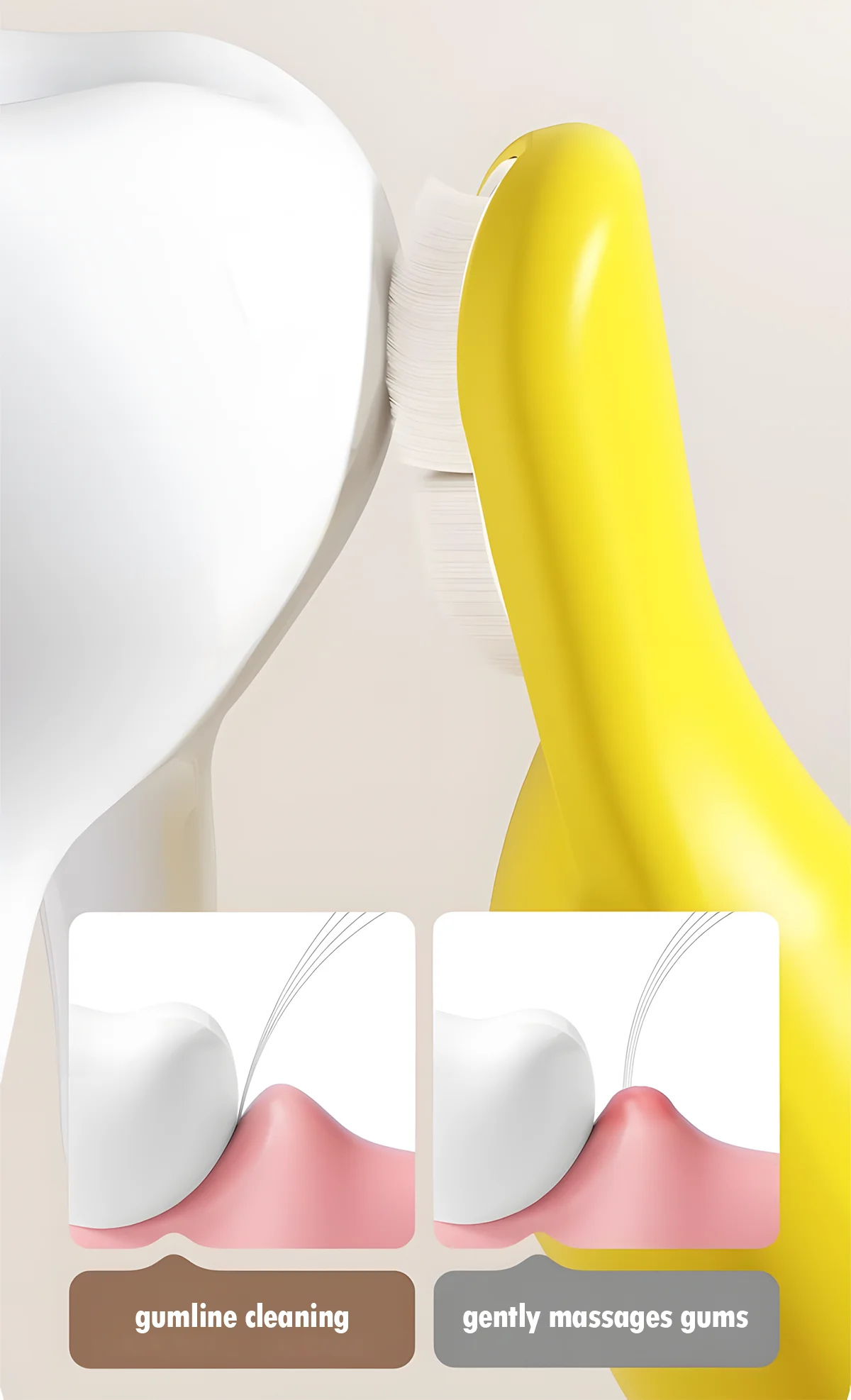Close-up of an infant finger toothbrush brushing the gumline; ultra-soft short bristles, flexible head; safe, non-toxic and gentle on gums.