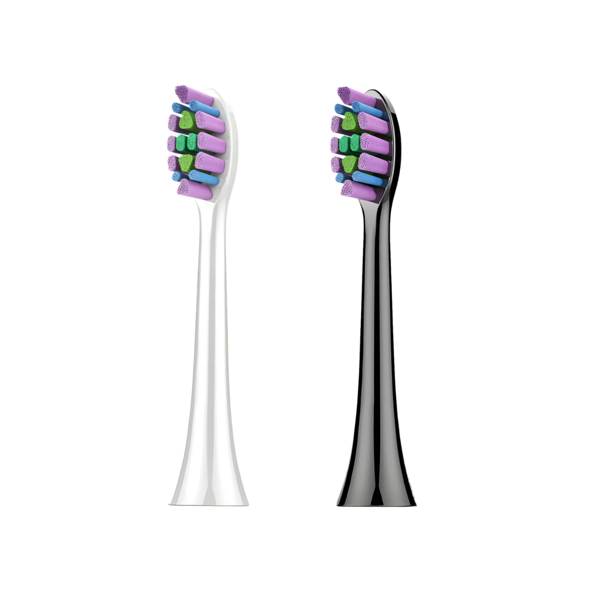Black and white ET 1 toothbrush heads with soft polished bristles and color-fade replacement indicator