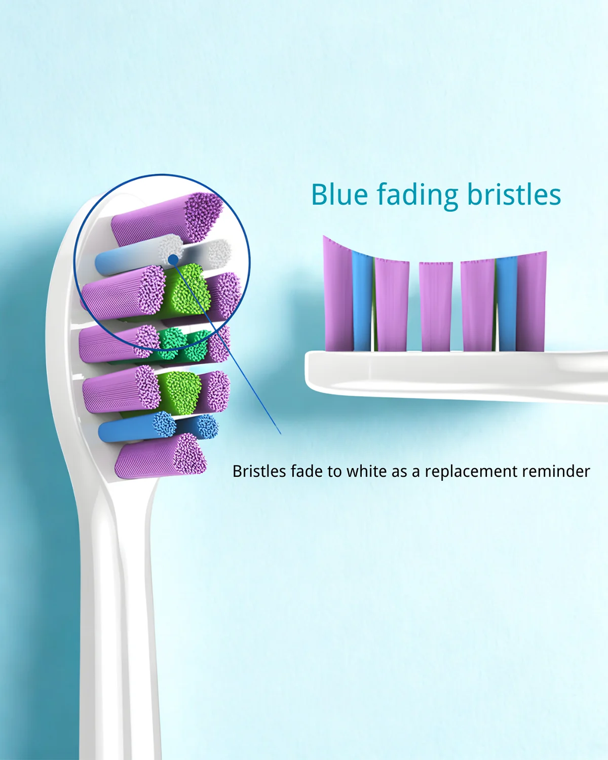 ET 1 toothbrush head with blue fading bristles that turn white to signal replacement, featuring soft polished gum-safe fibers