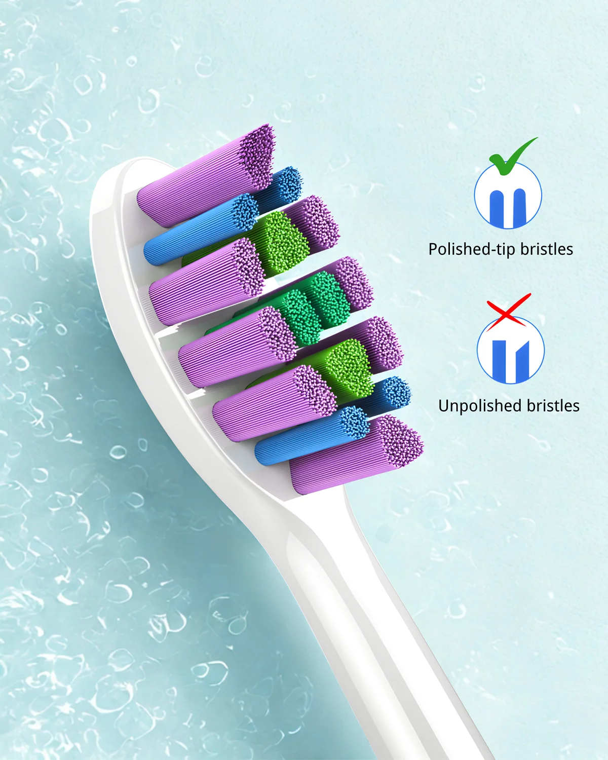 ET 1 toothbrush head close-up showing polished-tip soft bristles compared with unpolished bristles for safer gum-friendly brushing