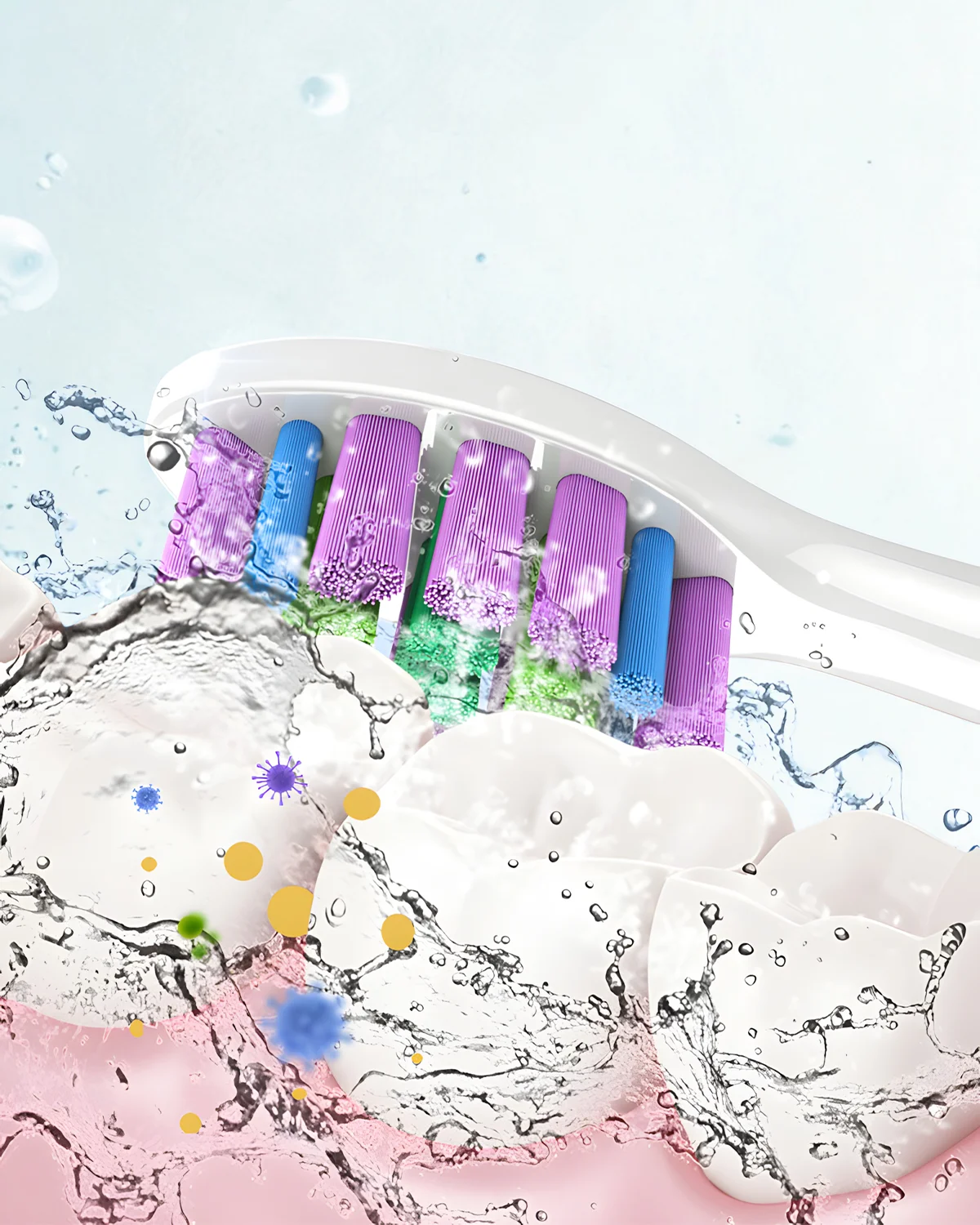 ET 1 toothbrush head cleaning teeth with soft polished bristles removing debris and plaque while staying gentle on gums