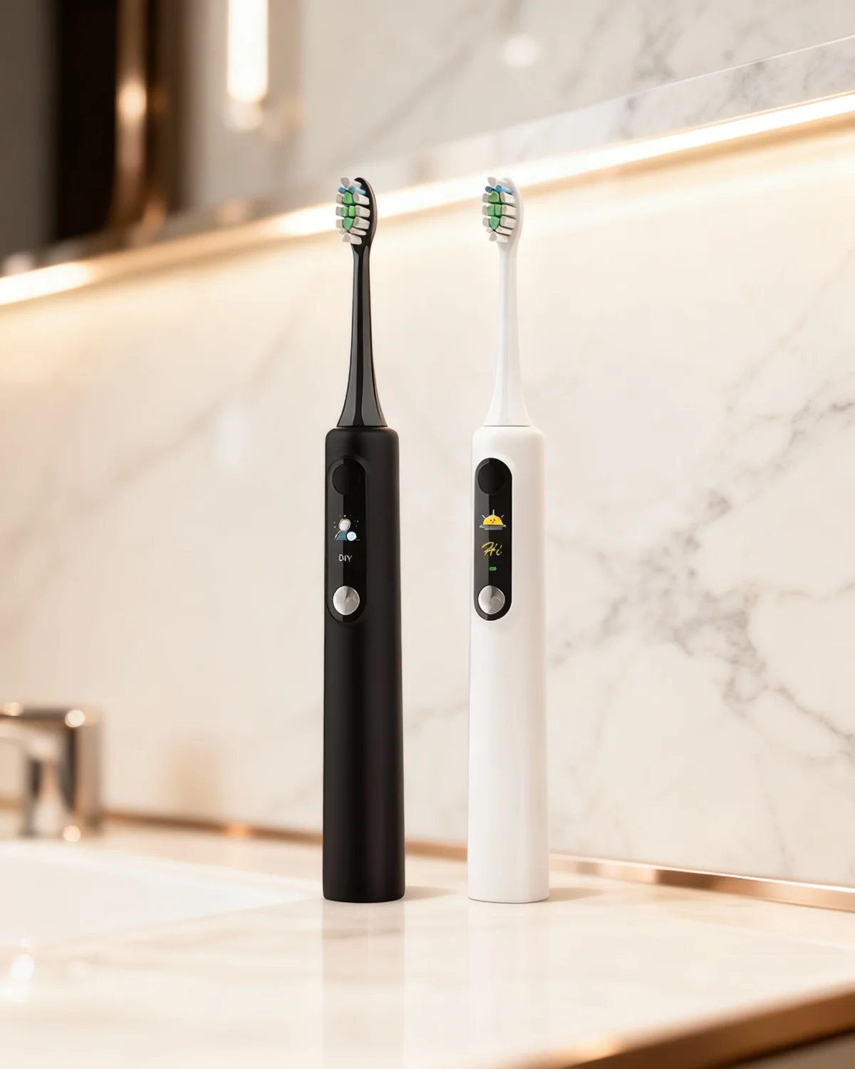 ET 1 toothbrush heads mounted on black and white electric toothbrush handles with soft polished bristles and fade reminder tips