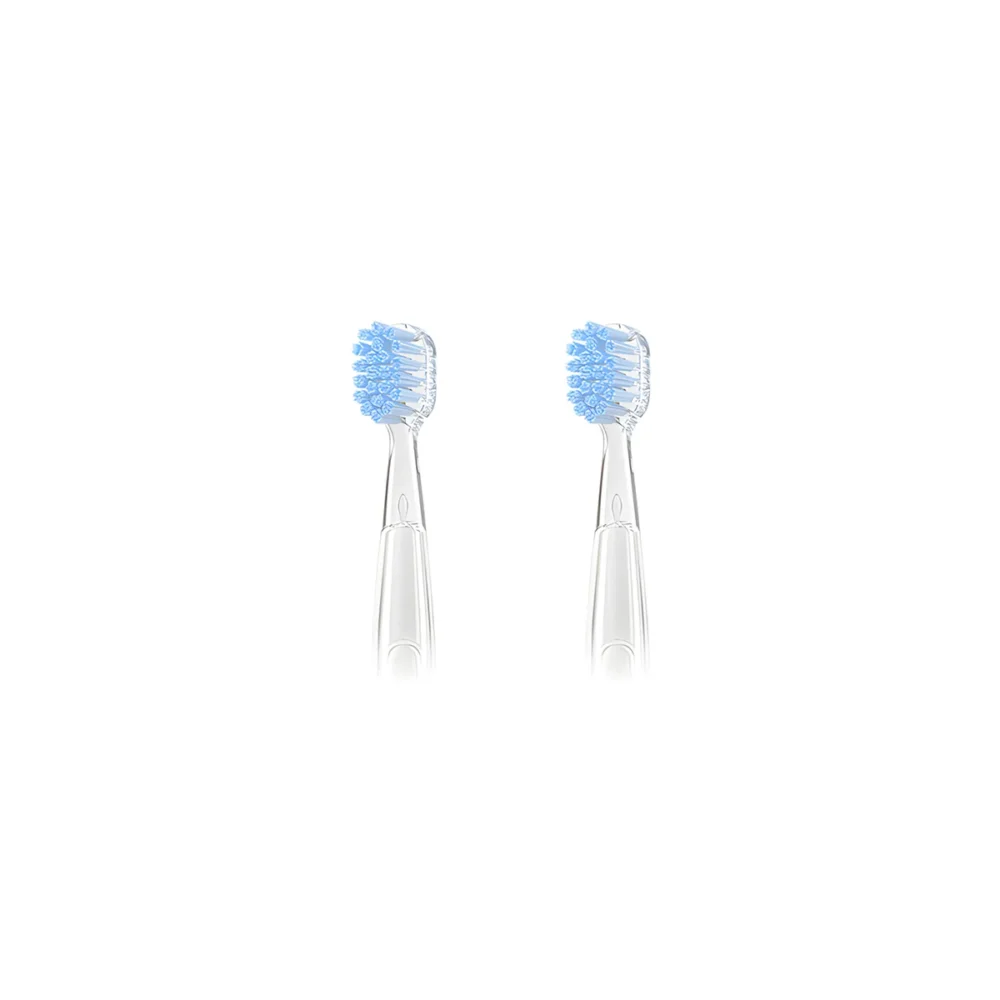 Two blue Grin Teeth ET 8 toothbrush heads with soft bristles